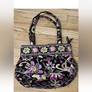 Vera Bradley Zippered Medium Tote Bag Brown Purple Green Floral Inner Pockets